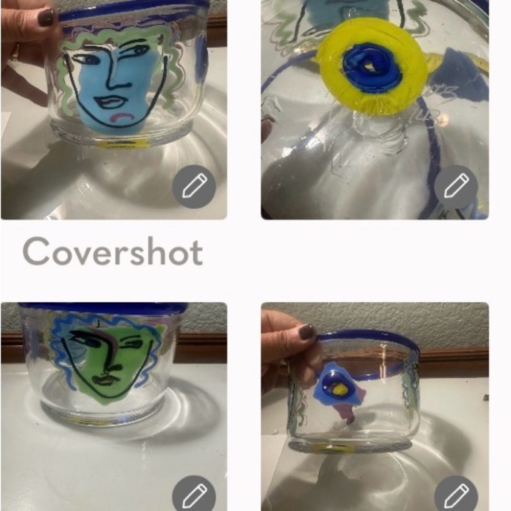 Bernstein art Glass Bowl with Artistic Blue & green Face Design signed